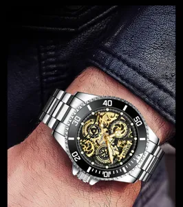 KINYUED Herren Skelett Automatik Mechanische Uhr Edelstahl Luxus Business Armbanduhr