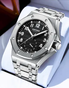KINYUED Herren Automatikuhr Edelstahl edles Design schwarzes Zifferblatt Luxus Armbanduhr