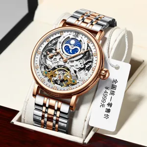 Reloj Mecánico Automático Para Hombre Calado Fase Lunar Correa de Acero Inoxidable Negocios Casual Reloj Impermeable