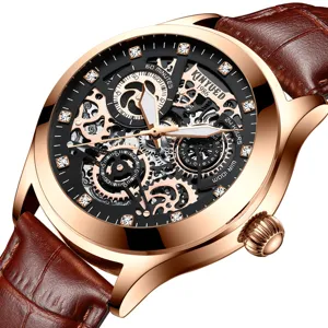 Reloj mecánico automático para hombre esfera esqueleto caja oro rosa correa de cuero marrón