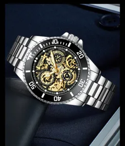 Kinyued automatische mechanische Herrenuhr mit Skelett Zifferblatt und Edelstahl Armband