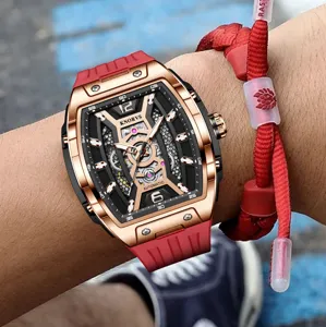 KNORVS Herren Automatik Mechanisch Uhr Tonneau Skelett Roségold Silikonarmband Armbanduhr