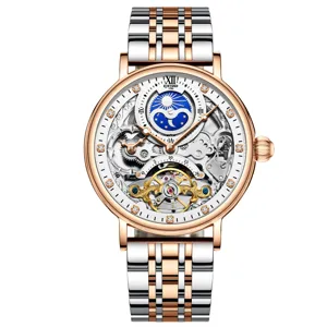 Reloj mecánico automático hombre esfera esqueleto fase lunar oro rosa acero elegante