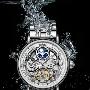 KINYUED automatische mechanische Herrenuhr, skelettiertes Zifferblatt, Edelstahlarmband.