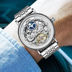 KINYUED Automatik Herrenuhr Mechanische Skelett Armbanduhr Edelstahl Wasserdicht Neu