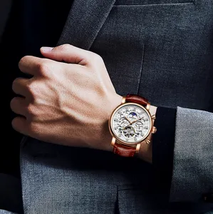 KINYUED Herren mechanische Uhr Skelett Automatik Lederarmband Luxus Business Armbanduhr
