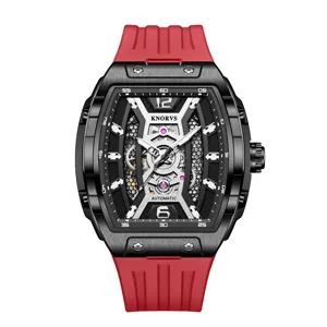 KNORVS Herren Automatik Mechanische Uhr Tonneau Rotes Kautschukarmband Skelett Zifferblatt