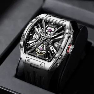 Reloj Mecánico Automático para Hombre Esfera Esqueleto Hueca Caja de Acero Inoxidable Correa de Silicona Reloj Impermeable