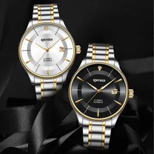 KINYUED Luxus Automatikuhr für Herren Edelstahlarmband mit Diamant Indizes mechanische Uhr.