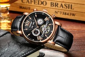 KINYUED Automatikuhr Herren mechanische Uhr skelettiert Lederarmband Luxus Business