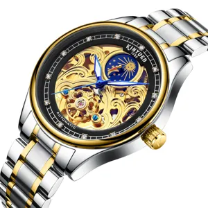 Herren Automatische Mechanische Uhr Edelstahlarmband Skelett Zifferblatt Leuchtend Stern Mond Multifunktion Armbanduhr