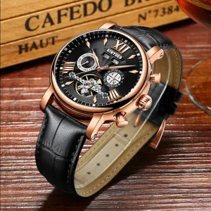 Herren Automatikuhr mechanische Uhr Skelett Zifferblatt Echtleder Armband Roségold Business