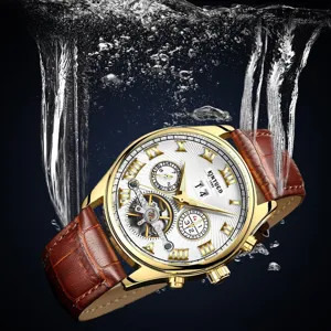 KINYUED Herren Automatische Mechanische Uhr Business Skelett Tourbillon Echtleder Armband Wasserdichte Armbanduhr