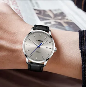 KINYUED Herren Automatikuhr Silber Zifferblatt Schwarzes Lederarmband Business Armbanduhr