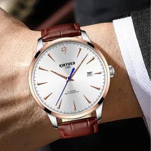Herren Mechanische Uhr Edelstahl Echtes Leder Armband Automatisch Business Dress Armbanduhr Mit Geschenkbox
