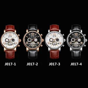 Maenner Automatische Mechanische Uhr Ausgehoehlt Roemisches Zifferblatt Echtleder Armband Wasserdicht Geschaeft Armbanduhr