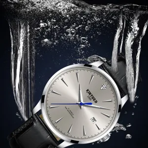 KINYUED Herren Automatikuhr Mechanische Uhr Silbernes Zifferblatt Schwarzes Lederarmband