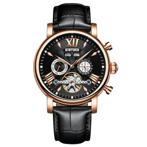 KINYUED Herren Automatikuhr Mechanische Uhr Skelett Zifferblatt Lederarmband Herrenuhr