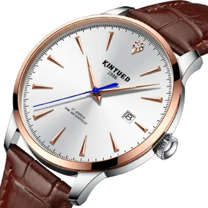Kinyued automatische mechanische Herrenuhr mit weißem Zifferblatt braunem Lederarmband und Datum