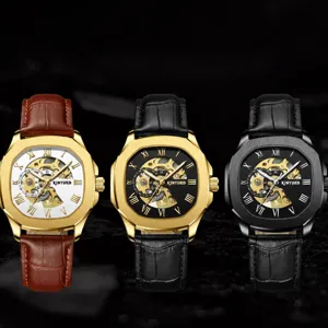 KINYUED Herren Automatikuhr Skelett Tourbillon Mechanische Uhr Lederarmband Luxus Uhr