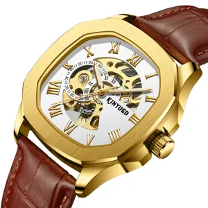 KINYUED Herren Automatikuhr Skelett Zifferblatt goldfarben Edelstahl braunes Lederarmband