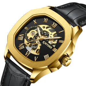 KINYUED Herren Automatische Mechanische Uhr Hohl Tourbillon Edelstahlgehäuse Lederarmband Wasserdichte Luxus Armbanduhr
