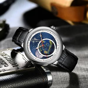 Nahaufnahme der automatischen mechanischen Uhr mit Sternzifferblatt und Lederarmband.