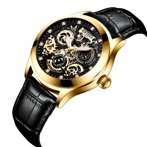 Reloj mecánico automático para hombre caja dorada esfera esqueleto negra correa cuero