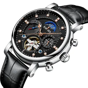 KINYUED Heren Automatische Mechanische Horloge Tourbillon Opengewerkt Strass Zakelijk Polshorloge Roestvrijstalen Kast Lederen Band