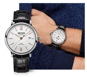 Herren Automatikuhr mechanische Armbanduhr mit Edelstahmergehäuse und Lederarmband.