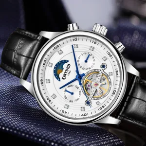 Reloj automático de hombre mecánico con esfera tourbillon esquelética y correa de piel.
