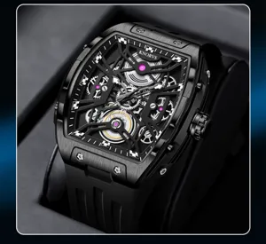 Herren Automatik mechanische Uhr, Tonnenform Skelett Zifferblatt, Kautschukarmband, Luxus.