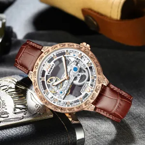 KNORVS Herren Automatik Mechanische Uhr Skelett Zifferblatt Braunes Lederarmband Luxus