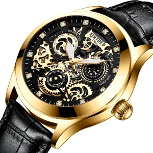 Reloj Mecánico Automático para Hombre Esfera Esqueleto Luminosa Correa de Cuero de Acero Inoxidable Reloj de Pulsera de Lujo
