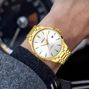 Luxus goldene mechanische Herrenuhr mit weißem Zifferblatt Edelstahlarmband Automatikwerk