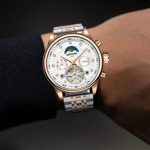 Reloj automático para hombre con brazalete de acero bicolor y esfera blanca multifunción