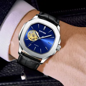 Herren Luxus Automatik mechanische Armbanduhr mit blauem Zifferblatt Skelett und Lederarmband