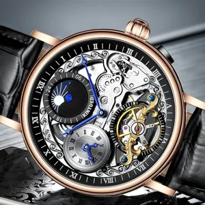 Herren Automatische Mechanische Uhr Hohles Tourbillon Business Armbanduhr Legierung Gehäuse Echtes Leder Armband Wasserdichte Herrenuhr