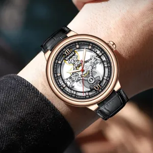 KINYUED Herren Automatikuhr Skelett Zifferblatt Lederarmband Luxus Armbanduhr Modisch