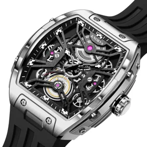 Herren Automatische Mechanische Uhr Tonneau Hohl Zifferblatt Leuchtend Wasserdicht Mode Armbanduhr Silikonarmband