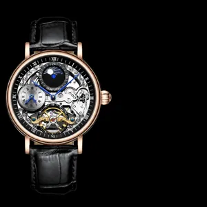 Automatische mechanische Skelett-Herrenuhr mit römischen Ziffern und Lederarmband.