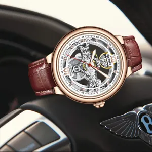 KINYUED Herren Automatikuhr Skelett Mechanische Luxus Uhr Braunes Leder Armband Wasserdicht