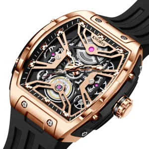 Luxus Tonneau Automatikuhr für Herren, skelettiertes Zifferblatt, schwarzes Kautschukarmband.
