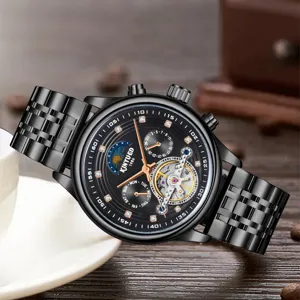 KINYUED Reloj Mecanico Automatico Hombre Esqueleto Estilo Tourbillon Acero Inoxidable Negro