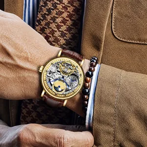 Herren Automatikuhr mechanische Uhr mit skelettiertem Zifferblatt und Lederarmband.