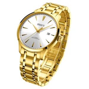 Goldene mechanische Uhr mit weißem Zifferblatt, Edelstahlarmband und 50m wasserdichtem Design.