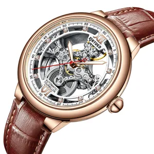 KINYUED Automatikuhr Skelett Zifferblatt Braunes Lederarmband Wasserdicht Modisch