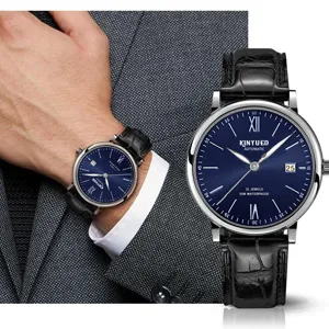 Herren Automatik Mechanik Uhr Edestahlgehaeuse blaues Zifferblatt Lederarmband Hauptansicht