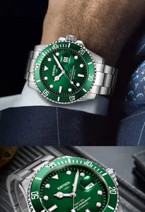 KINYUED Automatikuhr für Herren, grünes Zifferblatt Edelstahl wasserdichte Business Armbanduhr.