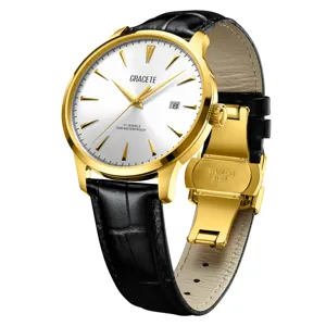Goldene Herrenmechanikuhr mit weißem Zifferblatt und schwarzem Lederarmband, 50M wasserdicht.